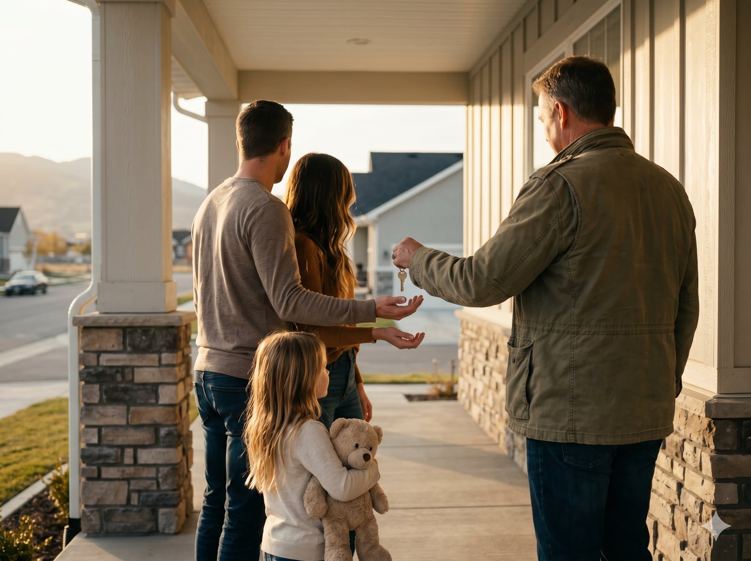A family receiving keys on their new porch